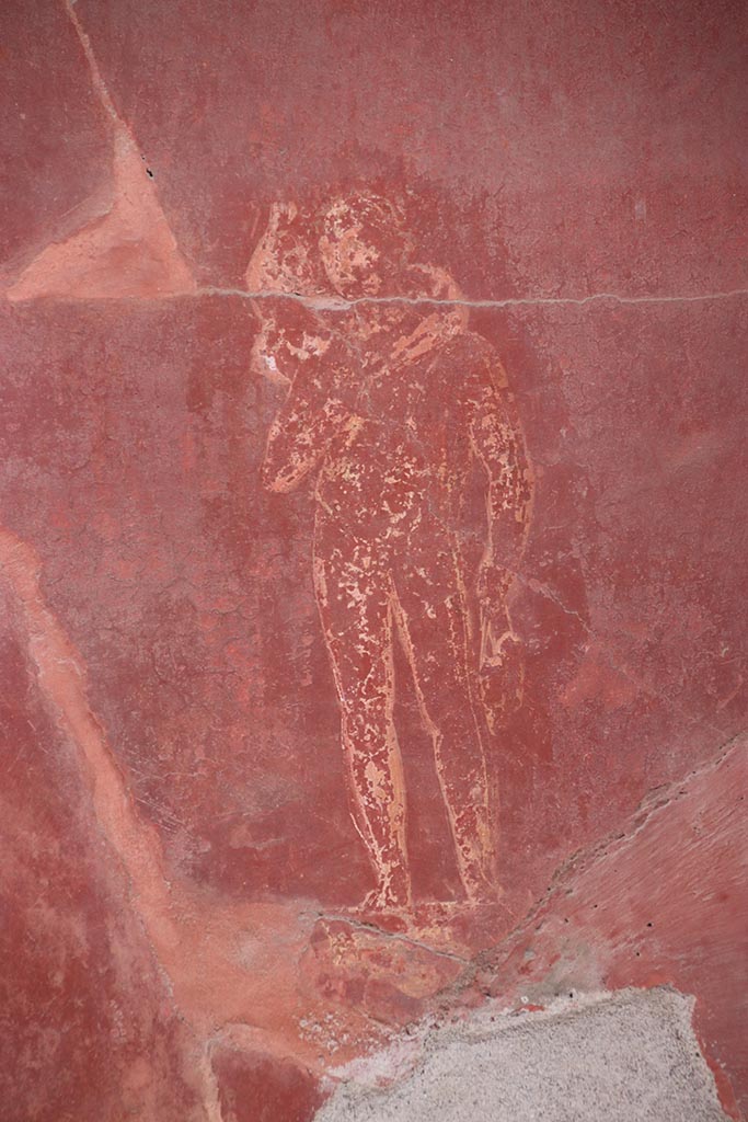 I.6.4 Pompeii. October 2024.
Room 5, detail of painted figure on south wall at west end. Photo courtesy of Klaus Heese.