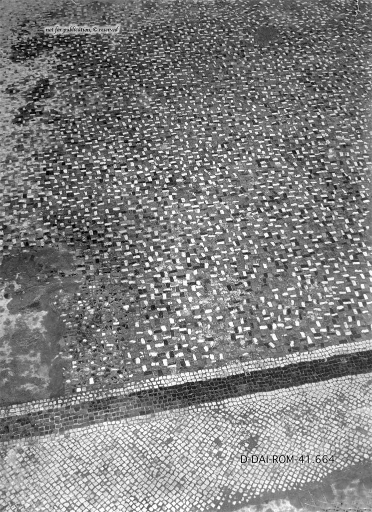 I.6.4 Pompeii. Before 1938. Triclinium mosaic floor.
DAIR 41.664. Photo © Deutsches Archäologisches Institut, Abteilung Rom, Arkiv.
See Pernice, E. 1938. Pavimente und Figürliche Mosaiken: Die Hellenistische Kunst in Pompeji, Band VI. Berlin: de Gruyter, Taf. 25,4.