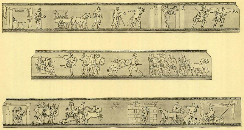 I.6.4 Pompeii. Room 16, sacellum. Drawing of stucco Iliac reliefs on east, south and west walls of the Sacraria di Venere e Diana.
Achilles moving to fight Hector.
Hector fighting and killed by Achilles and dragged behind a chariot.
Priam at the feet of Achilles pleading for the recovery of the body of Hector and taking it back to Troy.
See Spinazzola V., 1953. Pompei alla luce degli Scavi Nuovi di Via dell’Abbondanza (anni 1910-1923). Roma: La Libreria della Stato, Tav. 86.