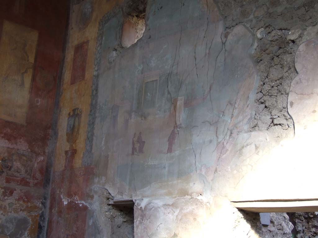 I.6.15 Pompeii. December 2007. Room 9, small garden. Detail of painting of Nile scene with figures and temple.