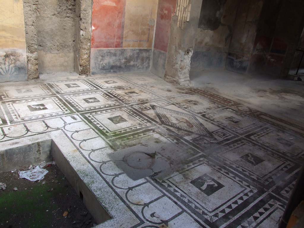 I.7.1 Pompeii. December 2006. Mosaic floor in atrium, east side at southern end.
At the south end of the east wall of the atrium, were two panels, one painted red, the other painted yellow.
In the middle of the red panel was a painted vignette of a cuttlefish, in the middle of the yellow panel was a painted bird with cherries, see below.
In the black zoccolo were painted plants, in the red frieze above the panels were painted plates and fruit.

