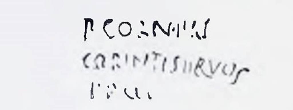 I.7.2 Pompeii. Drawing of inscription written below the handle in the fresh clay on the terracotta vase.
In NdS 1927 Maiuri interpreted this as
"P. Corneli Corinti servos fecit"
See Spinazzola, V. Pompei, alla luce degli Scavi Nuovi di Via dell�Abbondanza (Anni 1910-1923), Vol.2, (p.687, fig.651).
See Notizie degli Scavi di Antichit�, 1927, (p. 12).
See also I.7.4
