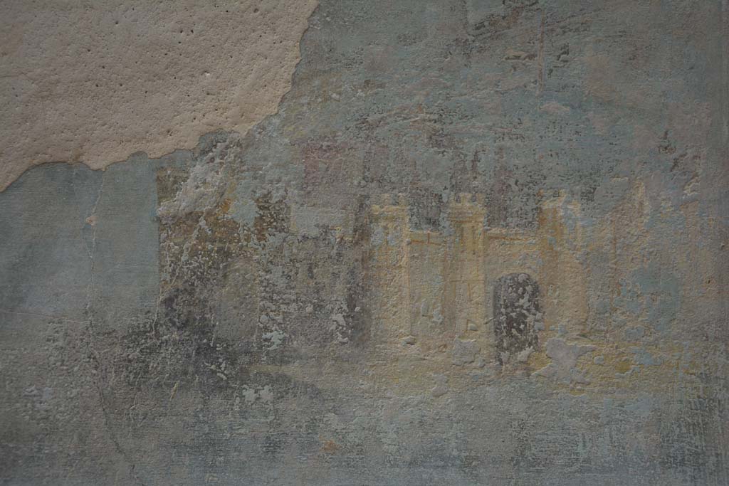 I.7.7 Pompeii. October 2019. 
Detail of town with high walls, towers and gates, palaces and temples, from central painting on east wall.
Foto Annette Haug, ERC Grant 681269 D�COR.
