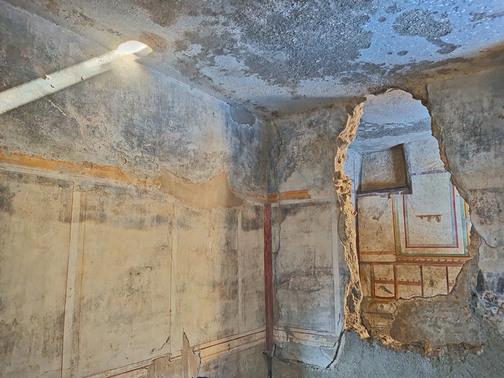 I.7.11 Pompeii. March 2024. 
Looking north along east wall into north-east corner and north wall with hole through into cubiculum. Photo courtesy of Giuseppe Ciaramella.
