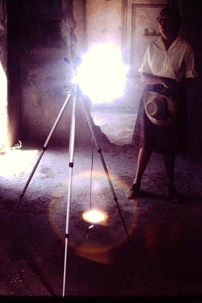 1.7.11 Pompeii. 1968. Wilhelmina standing in front of a hole in the north wall of the triclinium.
Looking towards north wall of the cubiculum on east side of atrium, through the hole in wall from triclinium. 
Photo by Stanley A. Jashemski.
Source: The Wilhelmina and Stanley A. Jashemski archive in the University of Maryland Library, Special Collections (See collection page) and made available under the Creative Commons Attribution-Non Commercial License v.4. See Licence and use details.
J68f0407
