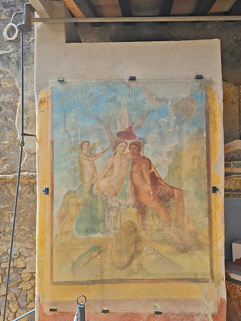 I.7.12 Pompeii. September 2024. 
Wall painting of Mars and Venus on west wall of north portico. Photo courtesy of Giuseppe Ciaramella.
