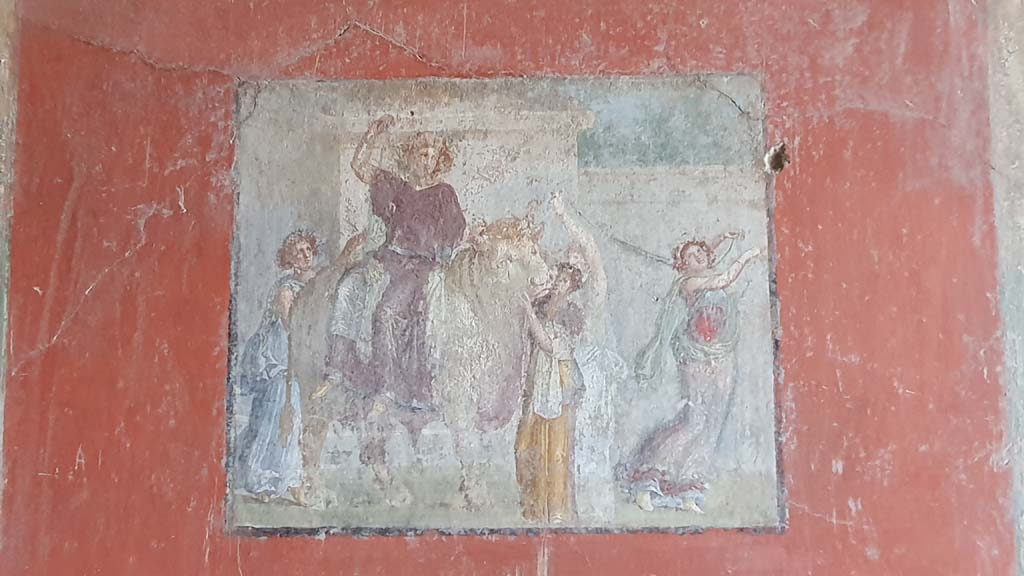 I.8.9 Pompeii. July 2021. Room 7, wall painting of Europa and the Bull from centre panel on east wall.
Foto Annette Haug, ERC Grant 681269 DÉCOR.