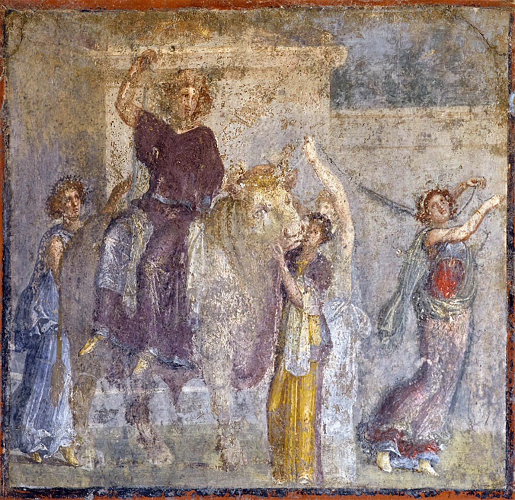 I.8.9 Pompeii. December 2019.
Room 7, wall painting of Europa and the Bull from centre panel on east wall. Photo courtesy of Giuseppe Ciaramella.