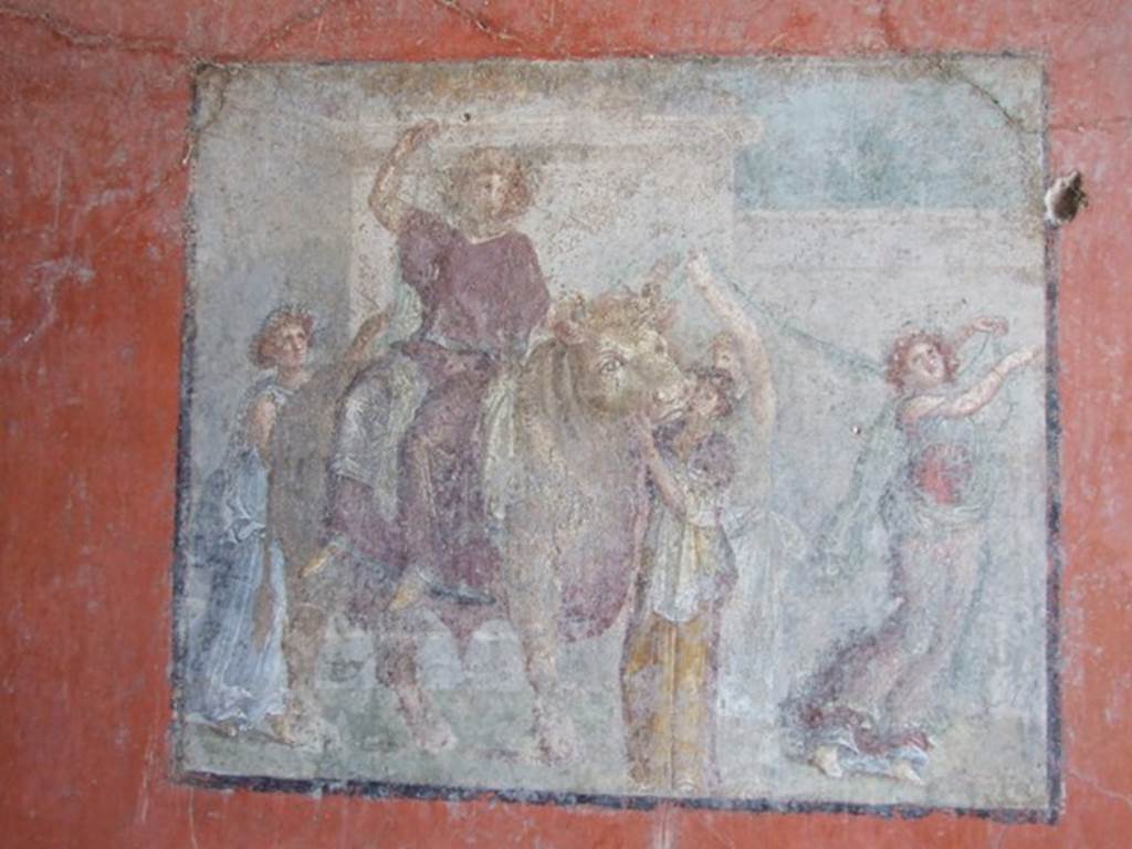 I.8.9 Pompeii. March 2009. Room 7, triclinium. Central panel on east wall.
Wall painting of Europa and the Bull.