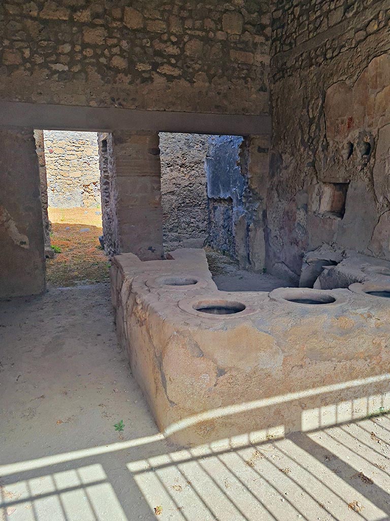 I.8.15 Pompeii. September 2024. 
Looking north from doorway, across counter towards doorways to two rear rooms. Photo courtesy of Giuseppe Ciaramella.
