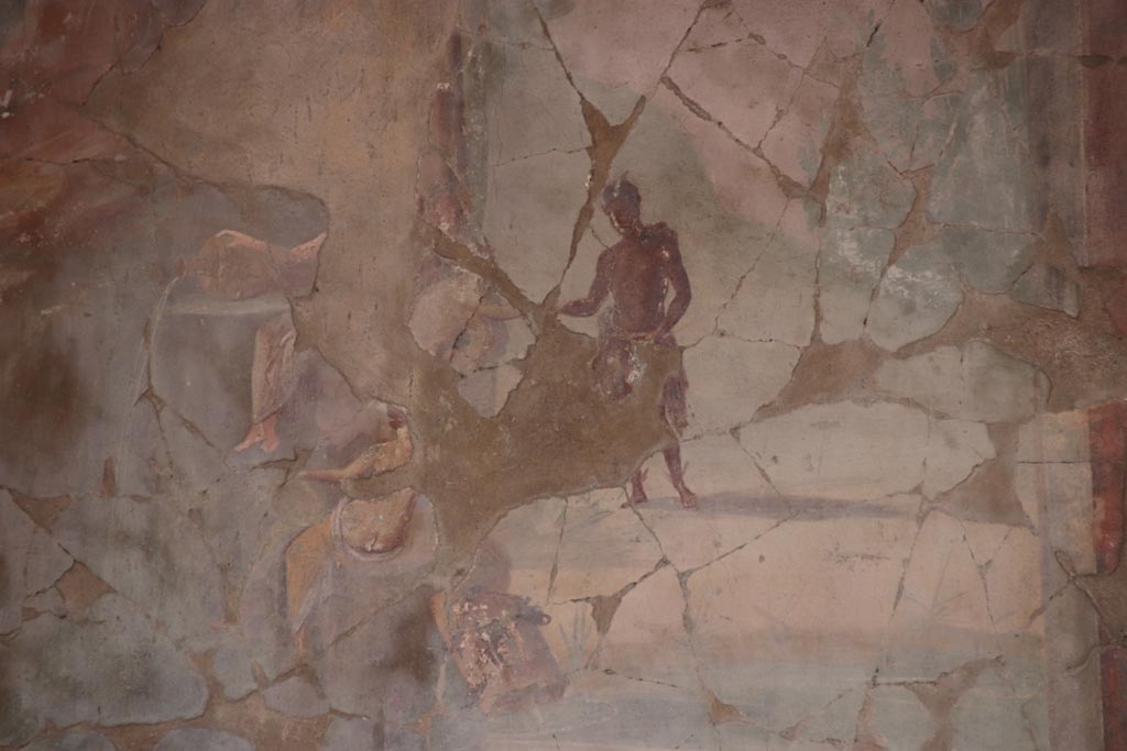 I.8.17 Pompeii. May 2024. Room 18, west wall. Detail from painting of Pan and the nymphs. Photo courtesy of Klaus Heese.