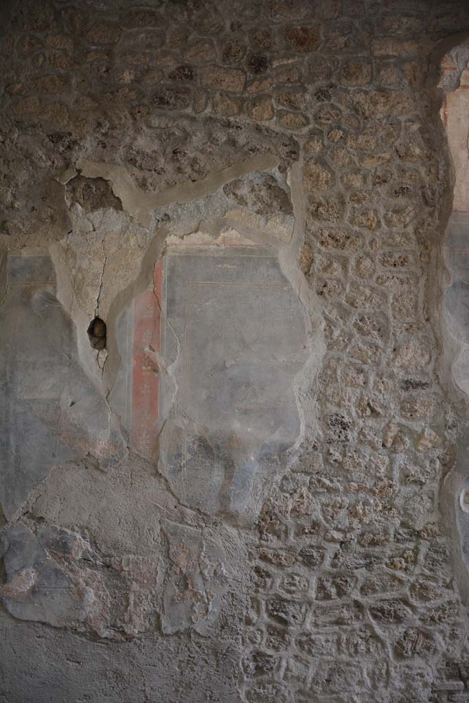 I.8.17 Pompeii. March 2019. 
Room 7, detail from central black panel on west wall, on left, and remains of black panel on its north side.     
Foto Annette Haug, ERC Grant 681269 DÉCOR.

