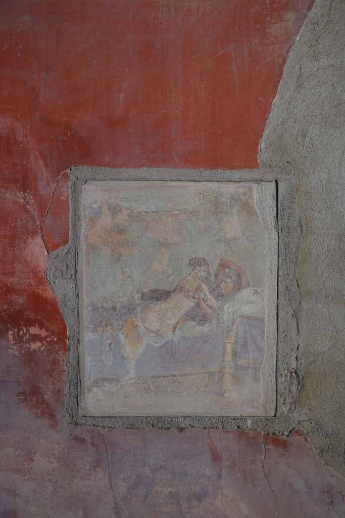 I.9.1 Pompeii. October 2019. Room 11, �erotic� reproduction painting inserted into south wall.
Foto Annette Haug, ERC Grant 681269 D�COR.
According to PPM � the actual state of the painting in 1977 was nearly illegible. 
See Carratelli, G. P., 1990-2003. Pompei: Pitture e Mosaici: Vol I. Roma: Istituto della enciclopedia italiana, p. 938, no .32).


