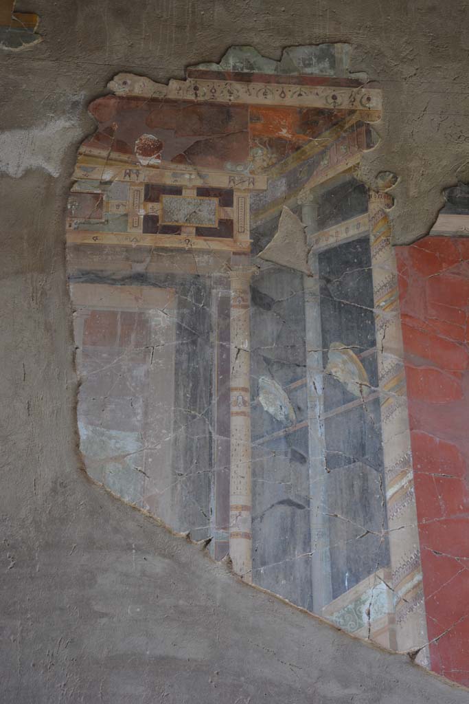 I.9.1 Pompeii. October 2019. 
Room 7, detail of imagines clipeatae (faces on shields) from central area of east wall of tablinum.
Foto Annette Haug, ERC Grant 681269 D�COR.


