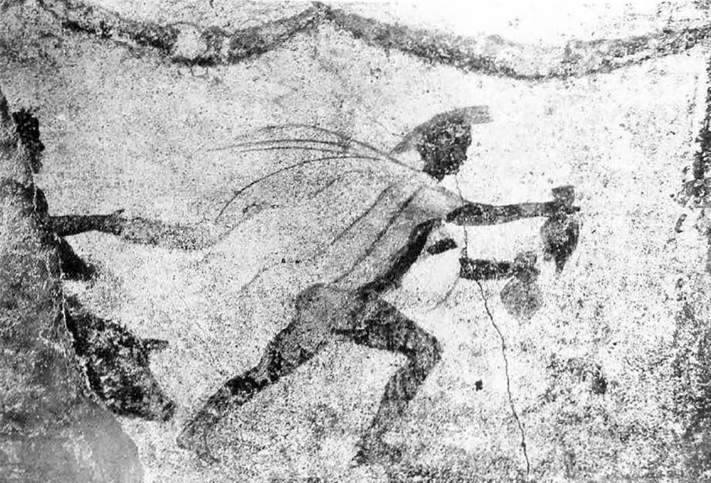 1.9.1 Pompeii. 1912. East wall of vestibule, with remains of wall painting of Mercury and Hercules. 
According to Fr�hlich, Hercules stands to the left, with his right arm outstretched.
Under the arm the front part of a pig was still just visible.
In the right of the painting is Mercury in short white tunic and cloak, winged helmet and ankles.
He is rushing to the right, his arms outstretched and holding two purses one in each hand.
In the missing left section was possibly Bacchus.
See Fr�hlich, T., 1991. Lararien und Fassadenbilder in den Vesuvst�dten. Mainz: von Zabern. (F6, and Photo 52,1).
According to Spinazzola this was a Triad which also included Bacchus (lost).
See Spinazzola V., 1953. Pompei alla luce degli Scavi Nuovi di Via dell�Abbondanza (anni 1910-1923): Vol. I. Roma: La Libreria della Stato, p.168-9.

