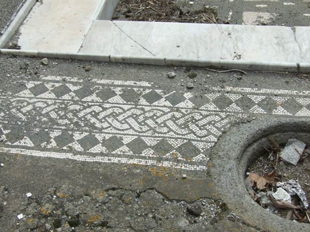 .9.1 Pompeii. March 2009. Room 2, atrium, external border showing beautiful mosaic and marble impluvium.
The external border featured a black and white mosaic �braid� between two bands of black squares set in a white mosaic.
.