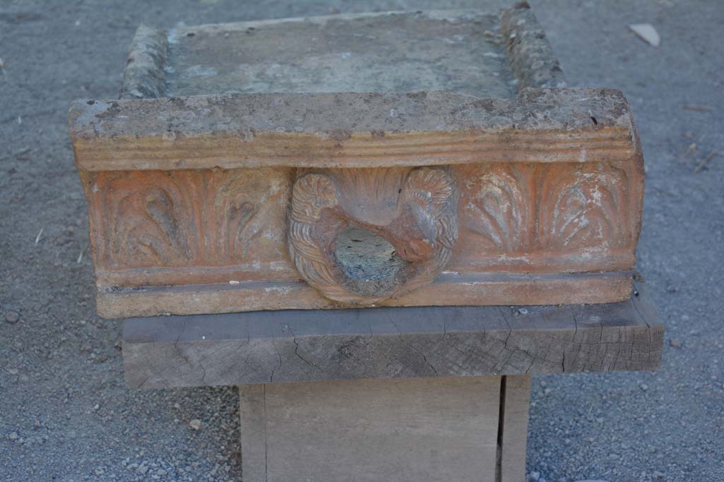 I.9.1 Pompeii. October 2019. Room 2, detail of terracotta grondaia or waterspout.
Foto Annette Haug, ERC Grant 681269 D�COR.

