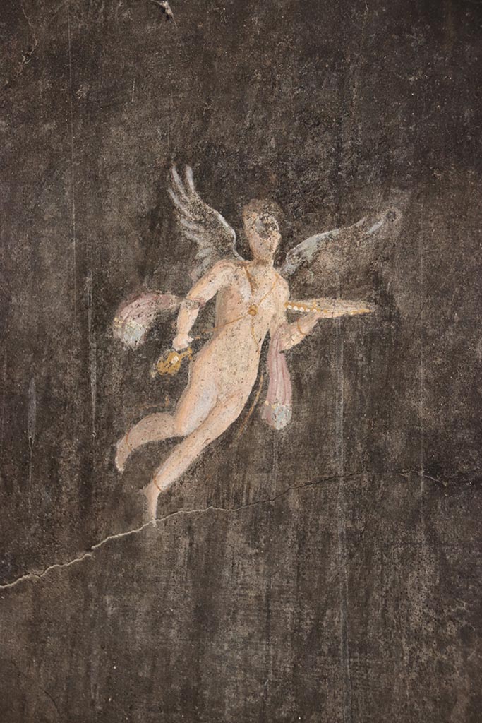 I.9.5 Pompeii. October 2024.
Room 10, detail from panel in south-east corner on south wall of triclinium. Photo courtesy of Klaus Heese
