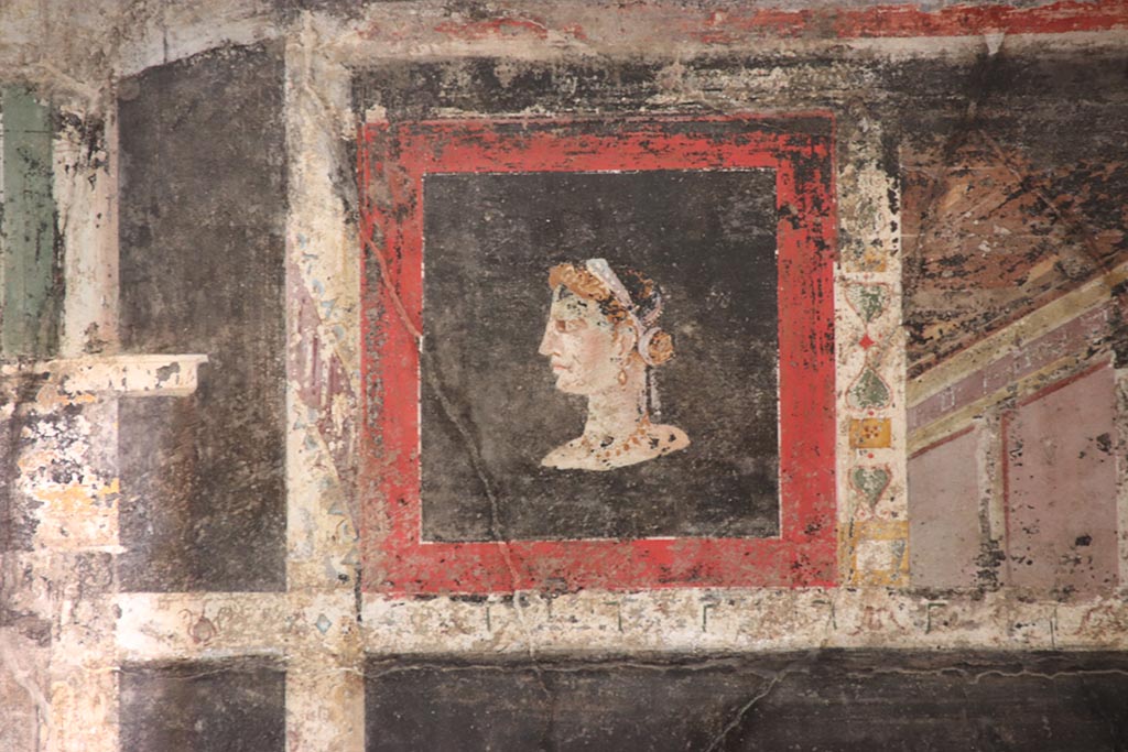 I.9.5 Pompeii. October 2024. Room 10, detail from upper north wall at east end. Photo courtesy of Klaus Heese