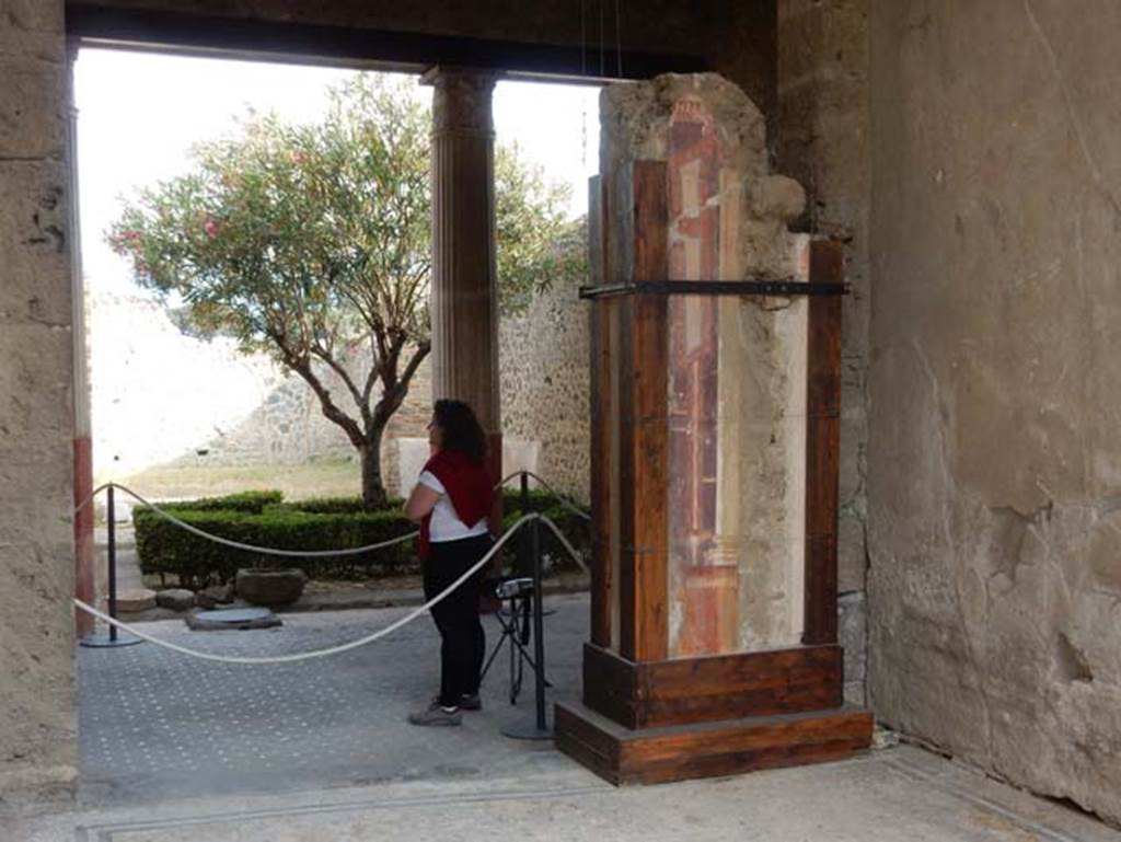 I.9.5 Pompeii. May 2017. Room 8, looking south towards the fragments of wall frescoed in II Style, fallen and found in the tablinum.  Photo courtesy of Buzz Ferebee.
