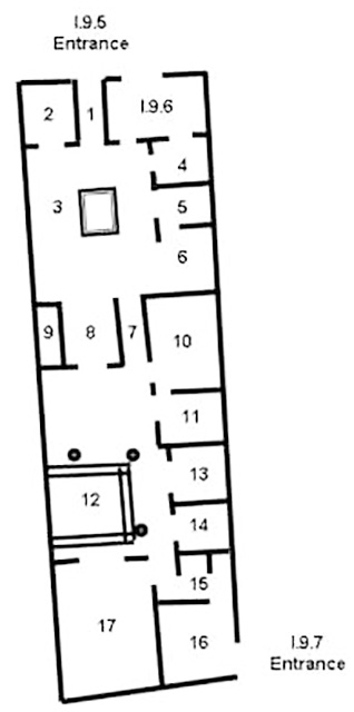 I.9.5 Pompeii. Casa dei Cubicoli Floreali or House of the Floral Cubicula 
or Casa del frutteto or House of the Orchard or Domus of Euplia
Room plan
