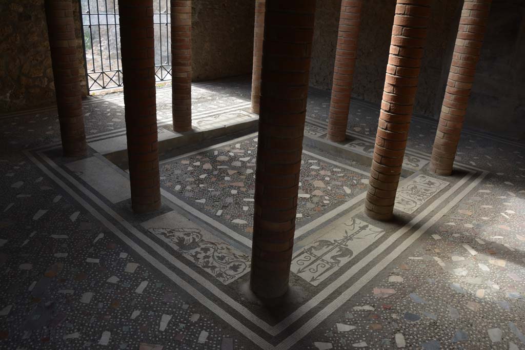I.10.4 Pompeii. September 2019. Room 46, atrium and impluvium of baths� area, with columns and ornate mosaics and random pattern flooring.
Foto Annette Haug, ERC Grant 681269 D�COR.

