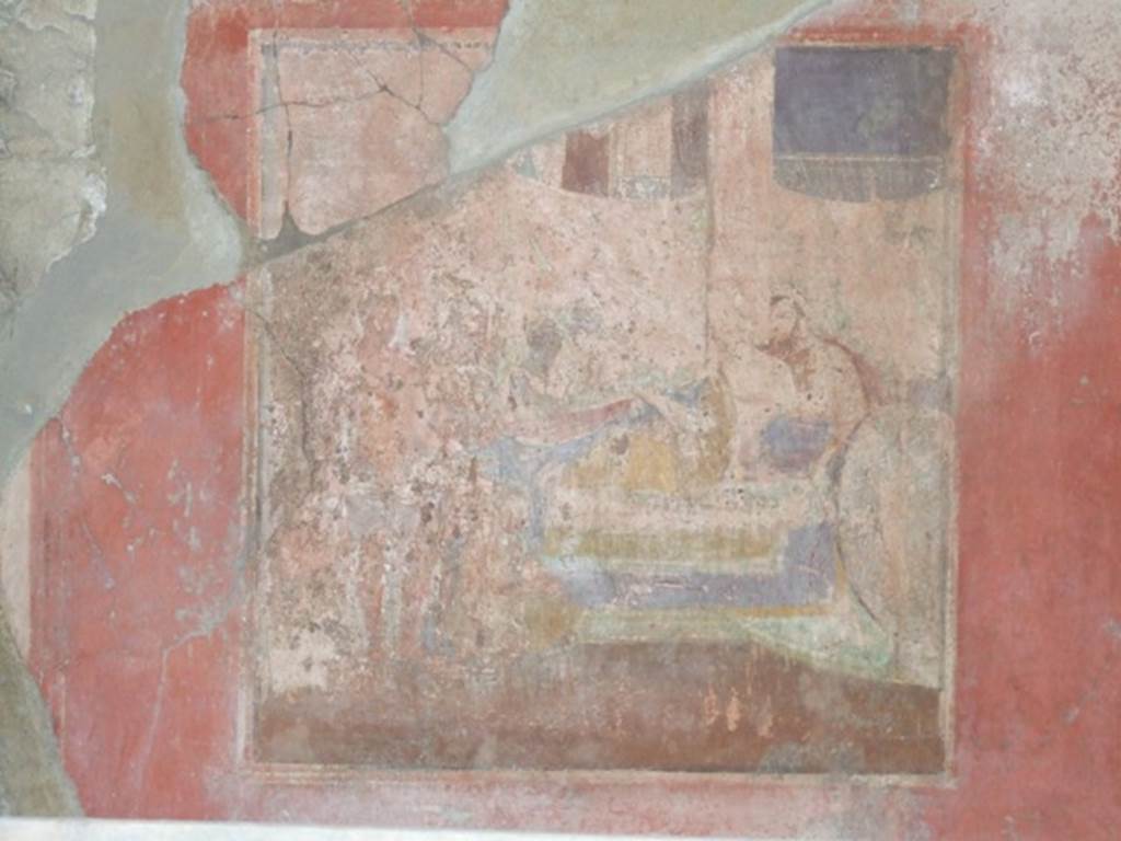 I.10.7 Pompeii. March 2009. Room 8, wall painting of the Sacrifice of Sophonisba, a banqueting scene, from north wall.
According to NdS �
�Of the three paintings which decorated the walls of this room, the one from the east wall was completely ruined by the fall of the wall,
the one from the west wall was strongly deteriorated, the only one found in a good condition of conservation was the one from the north wall.�
See Notizie degli Scavi, 1934, p.282.

