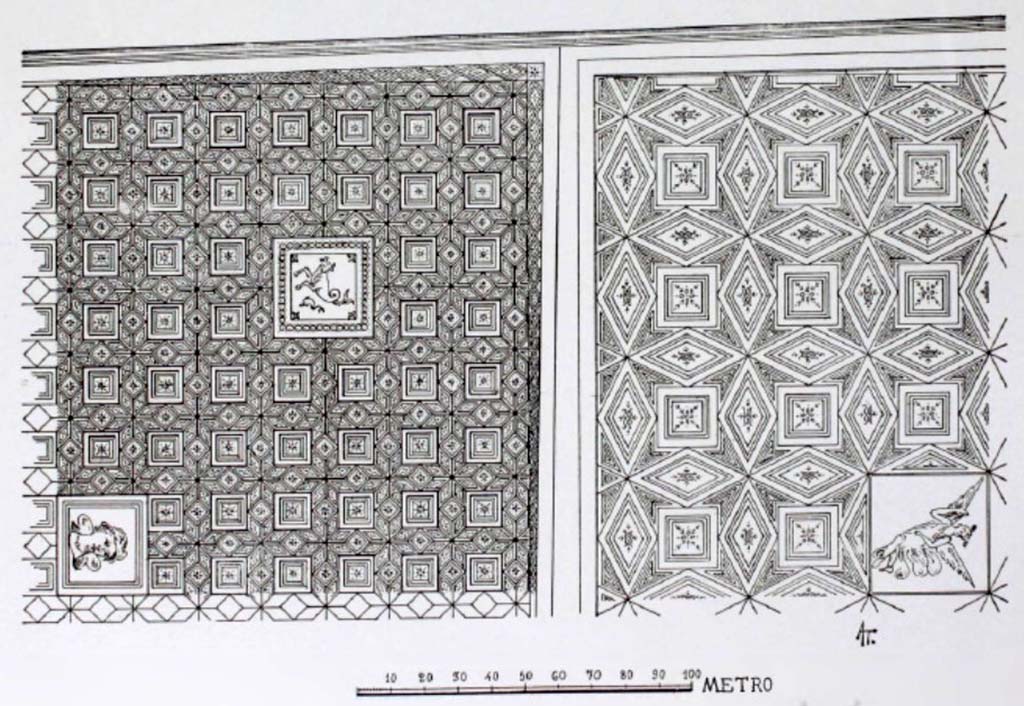 I.10.7 Pompeii. Room 8, drawing of geometric design on ceiling with figures.
See Notizie degli Scavi di Antichit�, 1934, Tav X. 
On page 282, the ceiling is described �
�The beautiful ceiling with black background with diamond weaves and yellow and red squares, and a central square adorned with a feminine figure, of an elegant geometric pattern, whose fragments were largely collected from the ground, recomposed and relocated (Tav. X) in situ.
In the antechamber the design of the ceiling varies a little, in the pattern that was given by a dense interweaving of small squares and Greek crosses.�
(Completava il carattere sobriamente decorativo dell�insieme, il bel soffitto a fondo nero con intreccio di rombi e quadrati gialli e rossi, e quadrato centrale ornato da un figura femminile, di elegante motivo geometrico, i cui frammenti vennero in buona parte raccolti dal suolo, ricomposti e ricollocati (Tav.X) in situ.
Nell�anticamera il disegno del soffitto varia di poco, nel motivo che era dato da un fitto intreccio di piccolo quadrati e di croci greche.)  (p.282)
