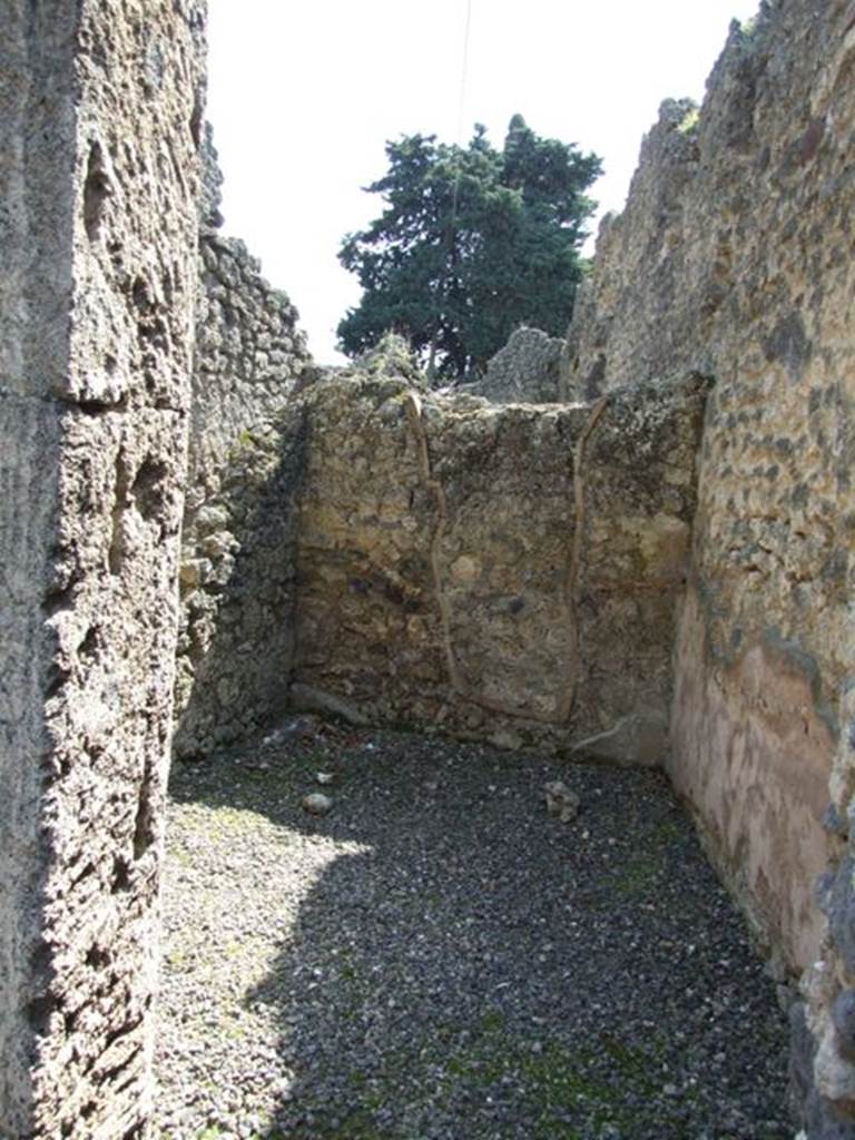 I.10.8 Pompeii. March 2009. Room 8, looking south.
NdS describes this room as trapezoidal with a high zoccolo of red brick-plaster, and the upper part of the wall being white.
See Notizie degli Scavi di Antichit�, 1934, p.314
