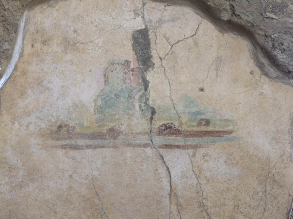 I.10.8 Pompeii. March 2009. Room 3, west wall of cubiculum, with remains of painting.
According to NdS � 
"The paintings on the opposite west wall, instead, represent a small group of structures with a high and narrow shape, with rare viewing windows on the surface of the blind walls: sparse touches of green on the rock hint at the vegetation".

�La pitture sull�opposta parete ovest, invece, rappresenta un gruppetto di edifici dalla sagoma alta e stretta, con rare finestre occhieggianti sulla superficie dei muri ciechi: radi tocchi di verde sulla roccia accennano ad una vegetazione�.

See Notizie degli Scavi di Antichit�, 1934, p.311.


