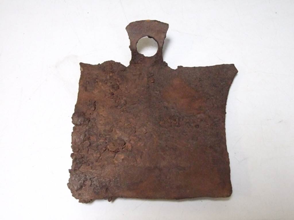 I.10.16 Pompeii.  March 2009.  Iron spade.  According to Jashemski the very large number of agricultural tools found in the atrium and cubiculum would indicate that the labourers lodged in the servants’ quarters and went out during the day to work the owner’s fields, which lay outside the city walls.  See Jashemski, W. F., 1993. The Gardens of Pompeii, Volume II: Appendices. New York: Caratzas. (p.48).  SAP inventory number 20755.