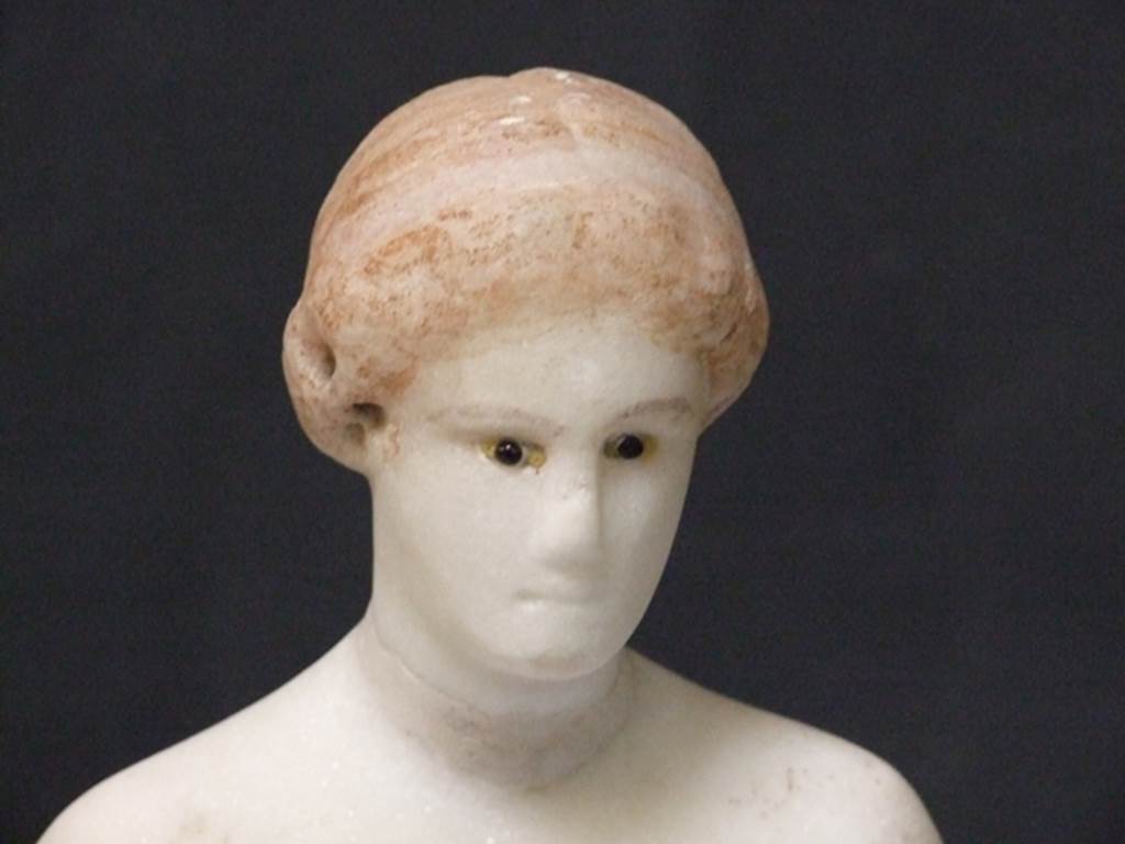 I.11.12 Pompeii.  March 2009.  White marble Venus statuette.  Face detail.
Found 1958 in the Aedicula Niche on the south wall of the garden.
SAP Inventory number: 12164.


