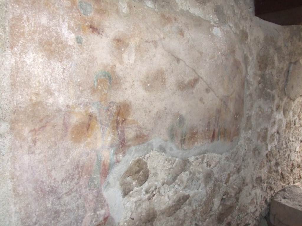 I.11.17 Pompeii. December 2007. Room 6, remains of lararium painting on east wall of kitchen.
According to Fr�hlich, there was a white painted wall surface. 
At the bottom, about in the middle, the upper ends of two palm bushes are visible. 
To the left and right are the flanking Lars. 
At the top are two garlands. The remains of a third garland has survived on the left edge.
See Fr�hlich, T., 1991, Lararien und Fassadenbilder in den Vesuvst�dten. Mainz: von Zabern. (L23 on p.258).
