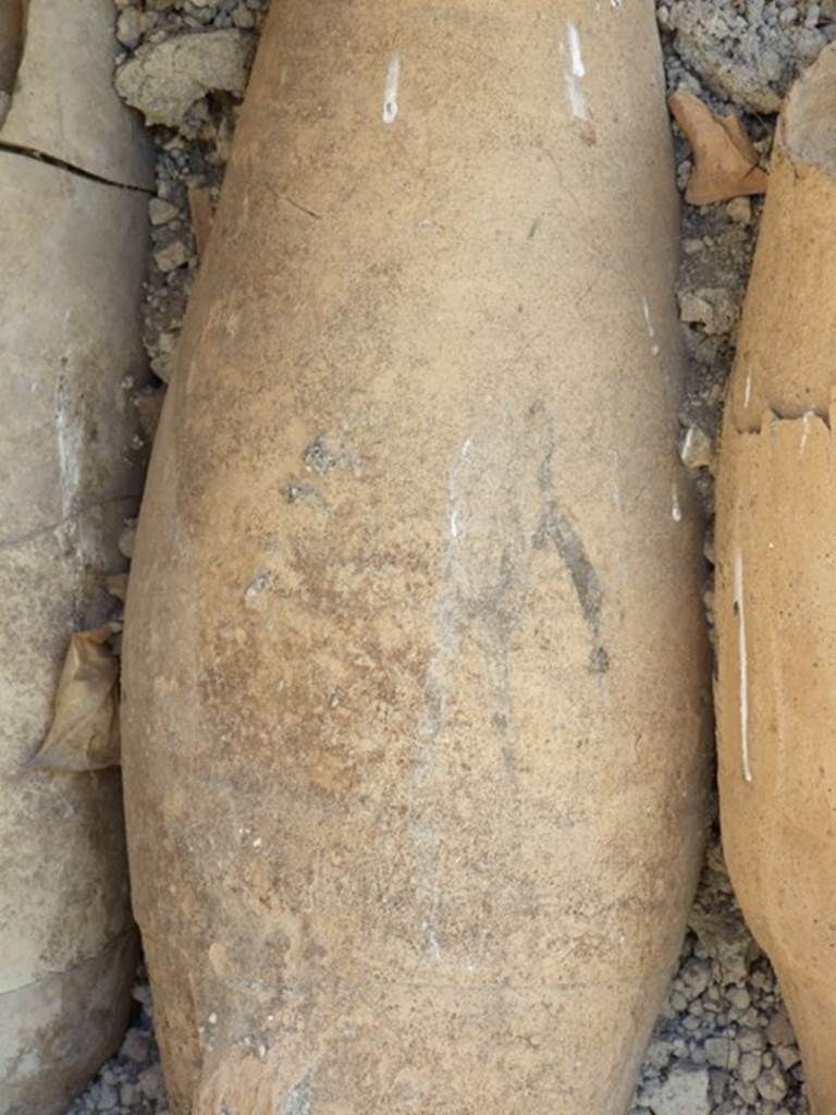 I.12.8 Pompeii. March 2009. Room 13. Rear garden. Remains of excavated amphora. Possibly with writing on the lower part, and possibly a painting of a figure on the top, (or is it just a dirty mark?)