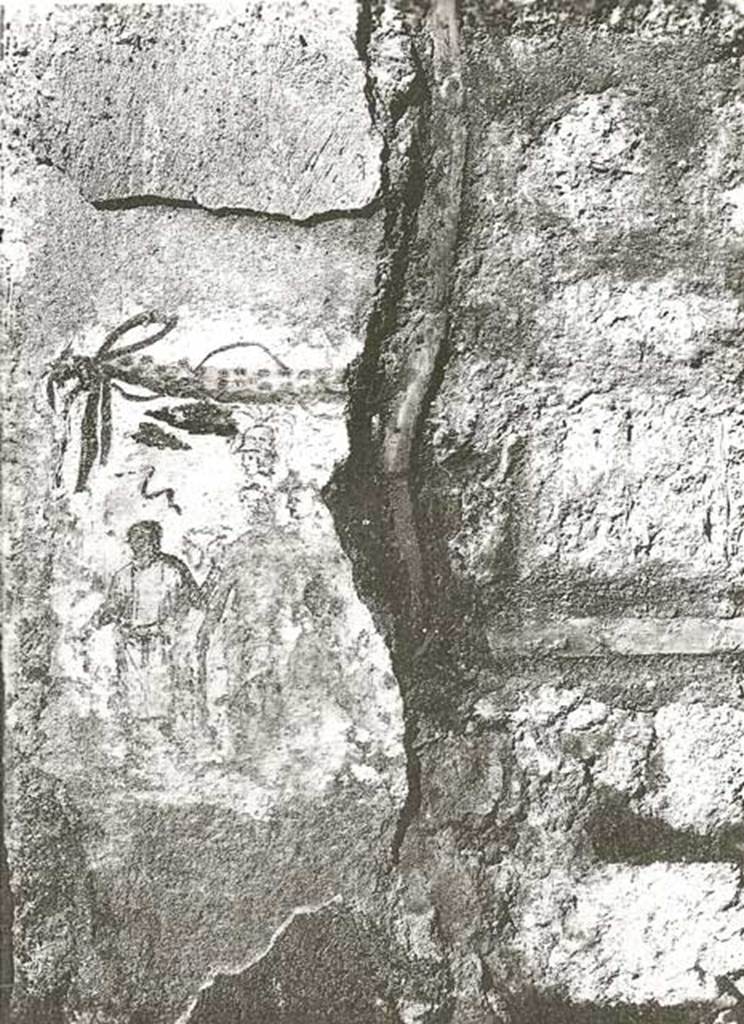 I.12.11 Pompeii. 1962. East of entrance doorway on Via di Castricio. Lararium painting of Hercules and possibly Minerva to right of entrance. See Fr�hlich, T., 1991. Lararien und Fassadenbilder in den Vesuvst�dten. Mainz: von Zabern. (F12, p.311). See Bragantini, de Vos, Badoni, 1981. Pitture e Pavimenti di Pompei, Parte 1. Rome: ICCD.  (p.176). Photograph courtesy of Soprintendenza Speciale per i Beni Archeologici di Napoli e Pompei.