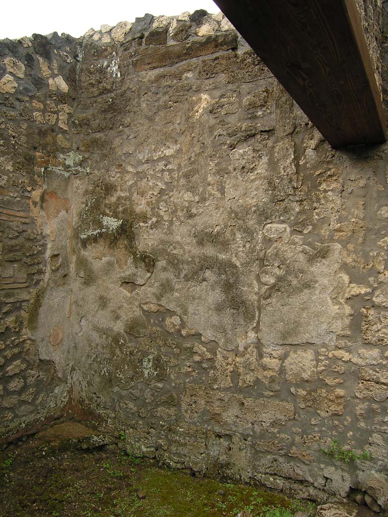 I.14.2 Pompeii. July 2008. Room F, west wall with traces of painting and floor in corner.
Photo courtesy of Guilhem Chapelin.