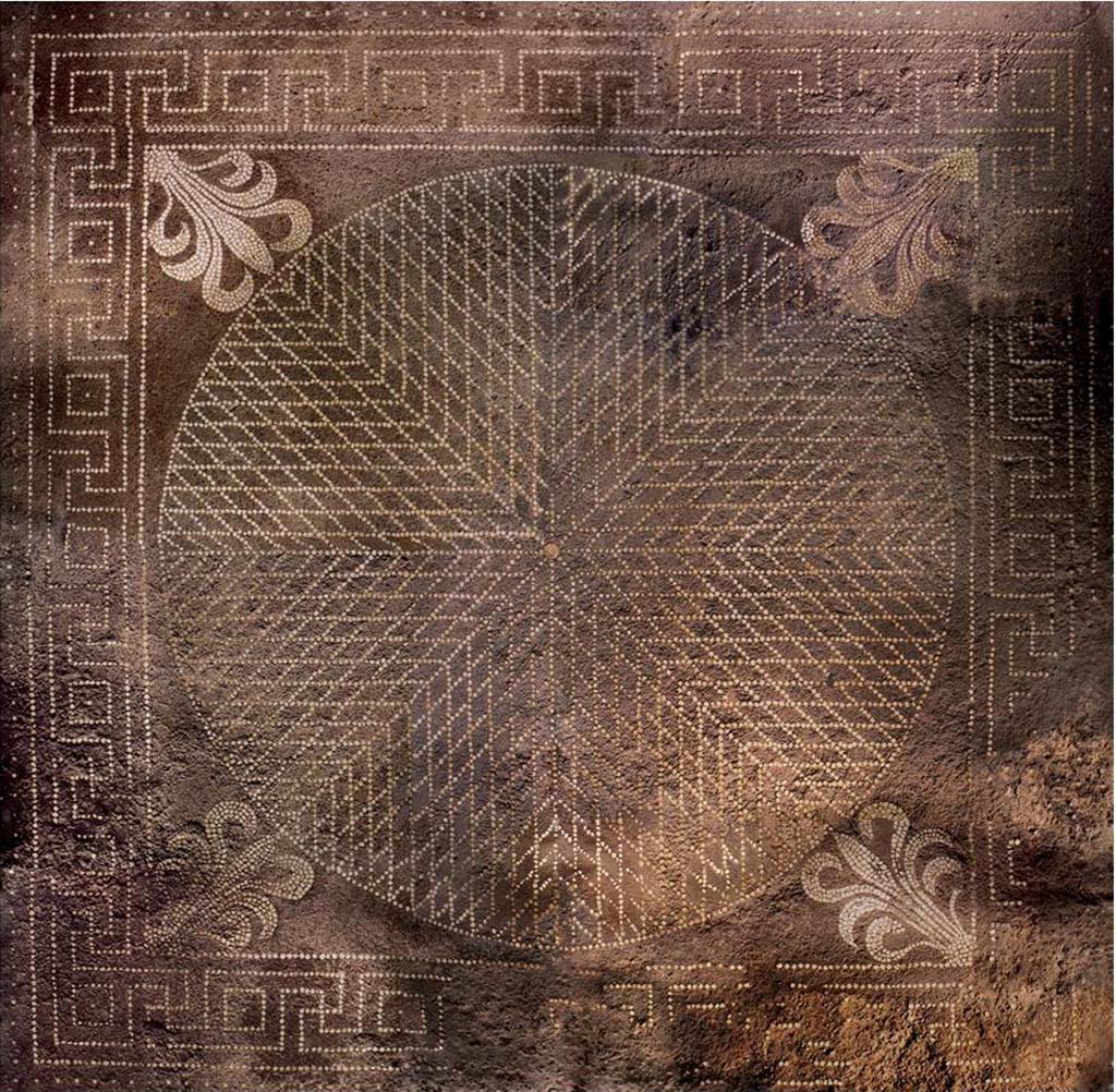 I.14.2 Pompeii. Room H, mosaic floor. Fig. 170 — Pavement mosaïqué de l’œcus (© CNRS-CCJ, Christine Durand).
As shown by the overlap of the wall plaster on the floor, the mural paintings of the oecus were put in place after the installation of the pavement.
This one, in opus signinum inlaid with white tesserae, is in a very good state of conservation.
The outer band is decorated with a regular seeding of white tesserae.
The central carpet (2,795m x 2,79 m) has a meander band of swastikas and squares.
The meander borders a square panel decorated with a "diamond shield" developing around a white ring; in each corner is a palmette.
This type of pavement is common in Pompeii, where several examples have been found. It is generally dated from the 2nd century BC.
Voir Chapitre 2 : L’atelier de fabrication de nattes de la via di Nocera (I 14, 2) in Magali Cullin-Mingaud, 2010. La vannerie dans l'Antiquité romaine: Collection du Centre Jean Bérard 35. Paris. Centre Jean Berard, p. 129-171, fig. 170.
https://books.openedition.org/pcjb/706