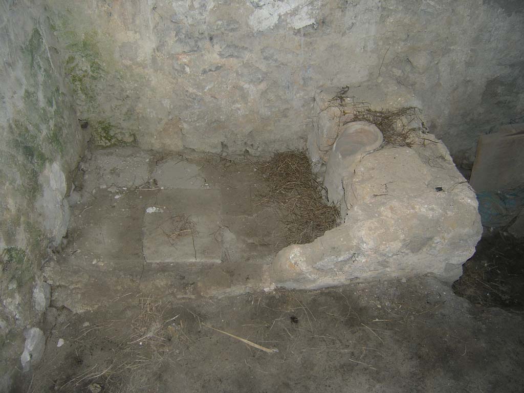I.14.2 Pompeii. July 2008. Room J, latrine in north-east corner. Photo courtesy of Guilhem Chapelin.
According to Hobson,
“This latrine takes a little understanding. Here an amphora has been built into the space between the pedestals.
The tiled floor slopes towards a small opening at the base of the amphora.
Was this done to reduce the contamination of the tiles and so that less water would be required to cleanse them ?”
See Hobson, B., 2009. Latrinae et foricae: Toilets in the Roman World. London; Duckworth. (p.53, fig.70).
