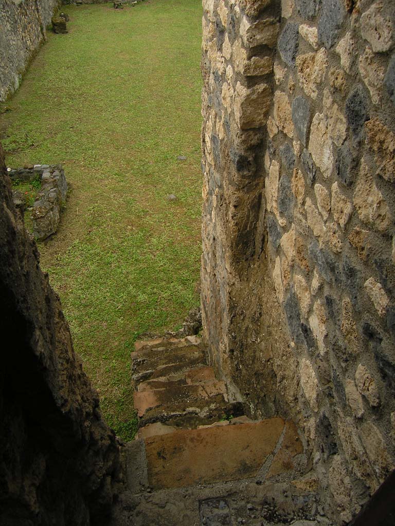 I.14.2 Pompeii. July 2008. Looking west down the stairs towards Garden area M.
Photo courtesy of Guilhem Chapelin. 
