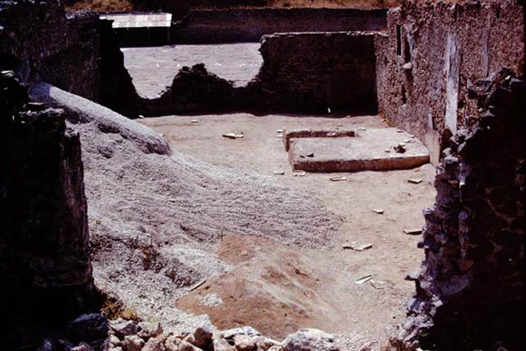 I.21.3 Pompeii. 1974. Looking south towards triclinium near west wall and root cavities, protected under stones.  Photo by Stanley A. Jashemski.   
Source: The Wilhelmina and Stanley A. Jashemski archive in the University of Maryland Library, Special Collections (See collection page) and made available under the Creative Commons Attribution-Non Commercial License v.4. See Licence and use details. J74f0278
