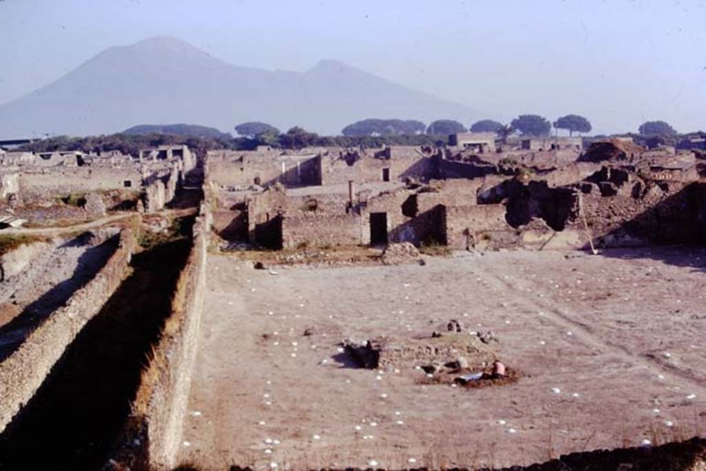 I.21.6 Pompeii. 1974. Looking north across triclinium and along west side of garden area. On the left is the Vicolo della Nave Europa. Photo by Stanley A. Jashemski.
Source: The Wilhelmina and Stanley A. Jashemski archive in the University of Maryland Library, Special Collections (See collection page) and made available under the Creative Commons Attribution-Non Commercial License v.4. See Licence and use details. J74f0699