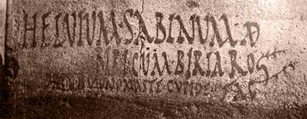 II.1.12 Pompeii. Found in 1958. Wall on south side of entrance doorway.
Inscription below Mercury and Bacchus painting.

HELVIVM SABINVM AED
BIRI CVM BIRIA ROG
D. R. P. V. B. O. V. F. ONOMASTE CVPIDE FAC       [CIL IV 9885]
See Corpus Inscriptionum Latinarum Vol. IV, Supp P3, F4, 1970. Berlin:De Gruyter, p. 129. 

According to Epigraphik-Datenbank Clauss/Slaby (See www.manfredclauss.de), it read �

Helvium  Sabinum  aed(ilem)
Biri  cum  Biria  rog(ant)
d(ignum)  r(ei)  p(ublicae)  v(irum)  b(onum)  o(ro)  v(os)  f(aciatis)  Onomaste  cupide  fac(iatis)       [CIL IV 9885]

According to Cooley this translates as 
Biri(us) with Biria ask you to elect Helvius Sabinus aedile, a good man, worthy of public office: Onomastus, vote for him eagerly. 
See Cooley, A. and M.G.L., 2004. Pompeii: A Sourcebook. London: Routledge, F52, p. 122.
