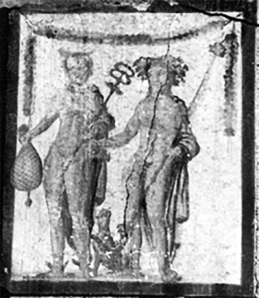 II.1.12 Pompeii. Detail from old undated photograph. 
Painting of Bacchus and Mercury from pilaster on south side of entrance fa�ade.
Kuivalainen describes �
A composition of two standing figures on a white background, both turning a little to their right.
On the left stands a youth holding a purse (Frohlich: a patera with liquid running out) in his right hand with a down-stretched arm and, and a caduceus in his left. On the right side, and further towards the front, stands a youth whose posture is almost the same; he wears a red cloak hanging over his left arm, which also supports a thyrsus; in his right hand he has a cantharus, from which he pours wine; on his head is a leafy wreath. The figures are framed with a garland.
Kuivalainen comments �
A half-naked young Bacchus and Mercury are often represented together, the purse being, in addition to the caduceus, a characteristic attribute of Mercury. The cult of Sabazius may have been of importance to many gladiators from Thrace, and of a private nature, associated with Bacchus in the same way as Egyptian Thot was with Mercury.
See Kuivalainen, I., 2021. The Portrayal of Pompeian Bacchus. Commentationes Humanarum Litterarum 140. Helsinki: Finnish Society of Sciences and Letters, (F20, p.174).
