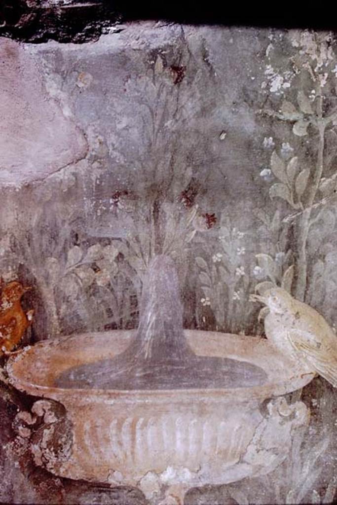 II.3.3 Pompeii. 1966. Room 11, detail of bird on fountain from painted panel on exterior wall of room 10.
Photo by Stanley A. Jashemski.
Source: The Wilhelmina and Stanley A. Jashemski archive in the University of Maryland Library, Special Collections (See collection page) and made available under the Creative Commons Attribution-Non Commercial License v.4. See Licence and use details.
J66f1074