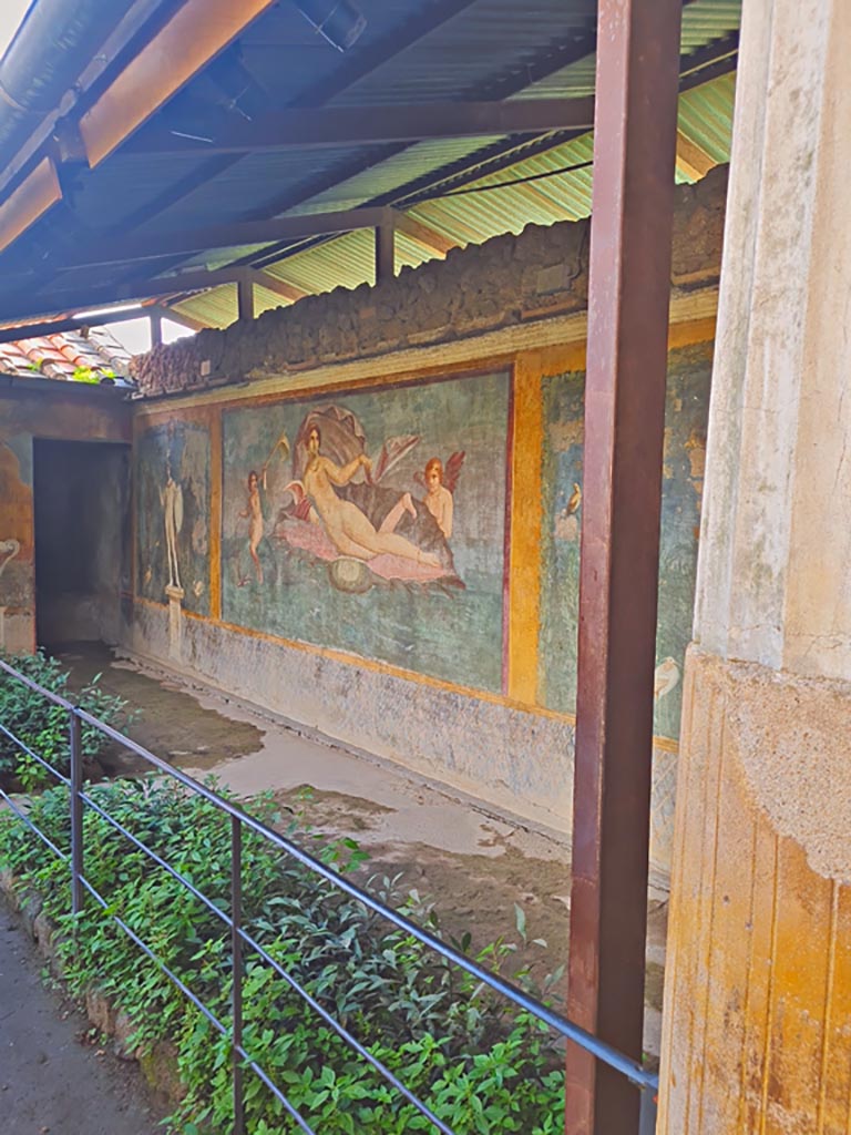 II.3.3 Pompeii. March 2024. 
Looking east along painted south wall, with doorway into room 17, on left. Photo courtesy of Giuseppe Ciaramella.

