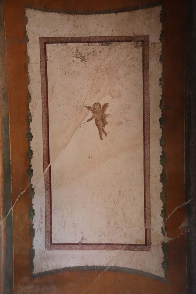 II.3.3 Pompeii. September 2017. Room 4, painted panel with painting of flying cherub/cupid from west end of south wall.
Photo courtesy of Klaus Heese.