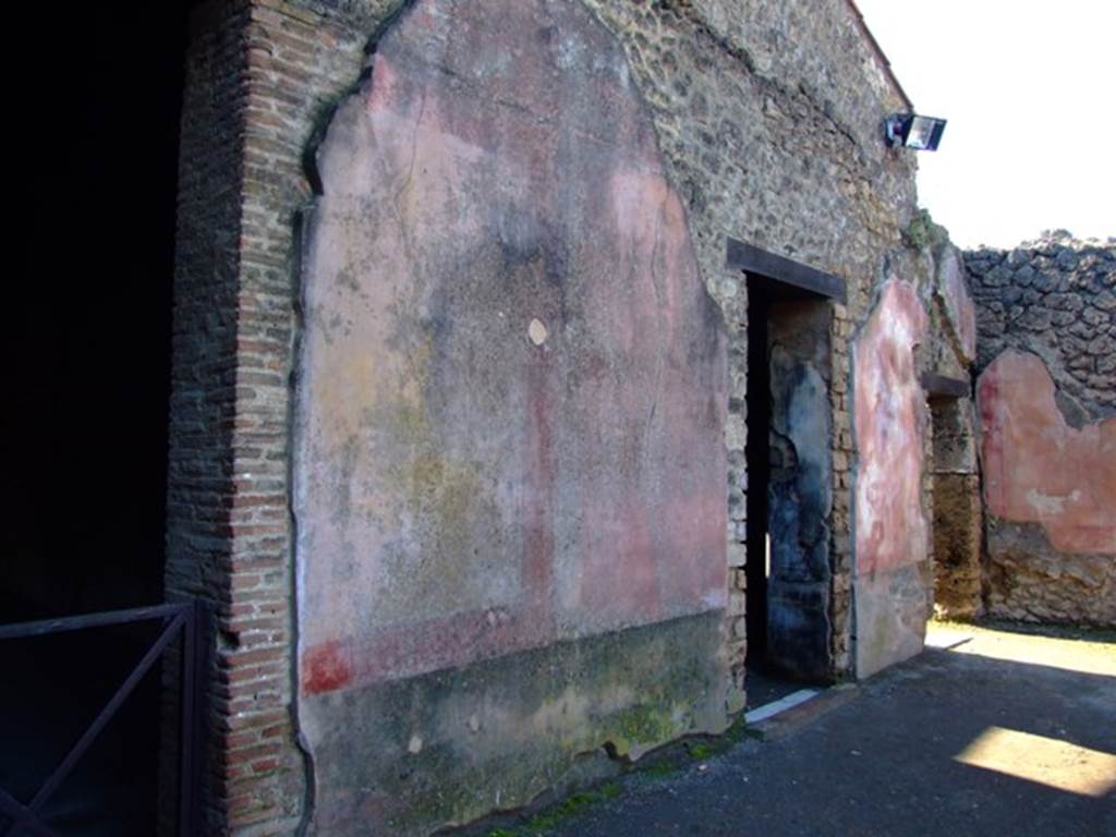 II.3.3 Pompeii. March 2009. Room 2, west wall of atrium, with remains of painted plaster, and doorways to rooms 6 and to II.3.1/2
