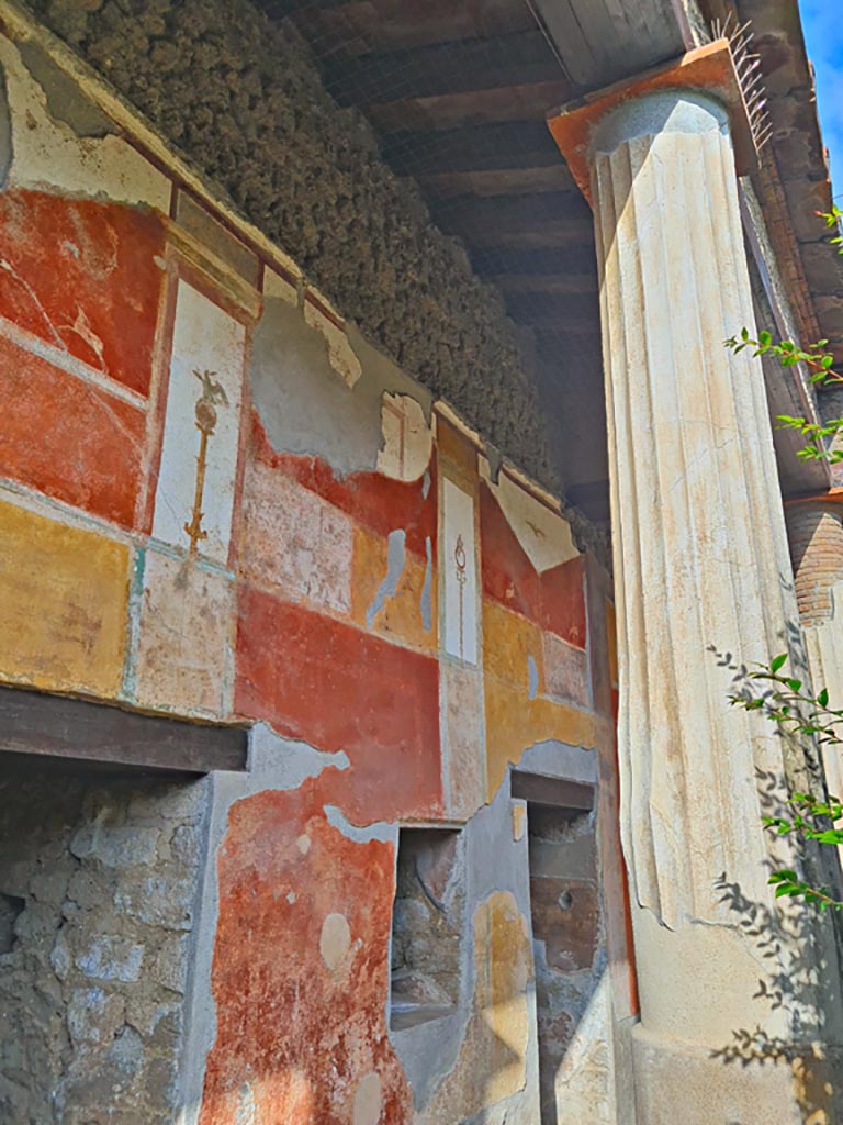 II.3.3 Pompeii. March 2024.
Room 11, looking north along west portico with painted decoration above doorways to rooms 14 and 13.
Photo courtesy of Giuseppe Ciaramella.