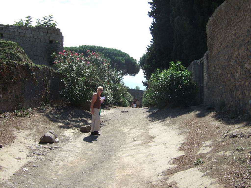 II.5 Pompeii, on left. September 2005. Vicolo dell�Anfiteatro looking south near II.4.8, on right.