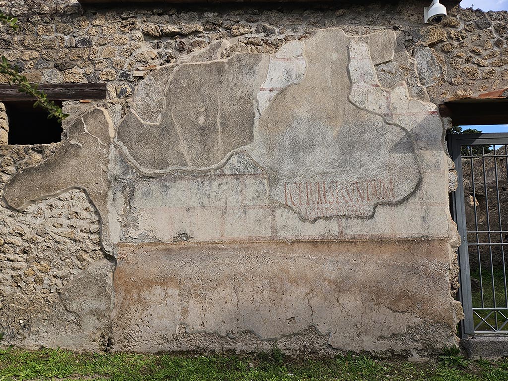 II.4.10 Pompeii. November 2024. Detail of painted plastered wall on north side of entrance doorway. Photo courtesy of Annette Haug.

